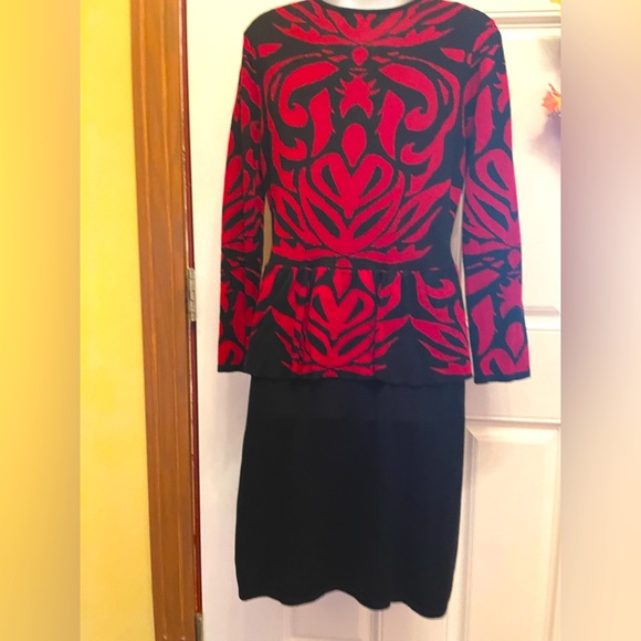 Spense Medium Peplum V-Neck Style Knit Dress in festive Red and Black. - Picture 9 of 13
